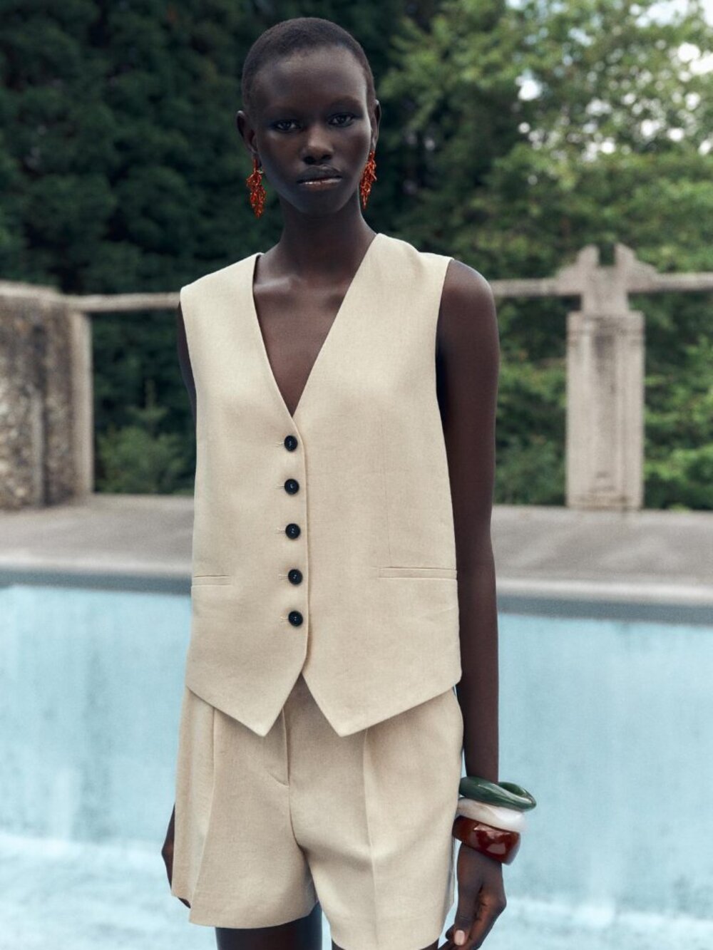 ZARA Linen Tailored Vest Light Beige Waistcoat Button Front Size S Office NWT